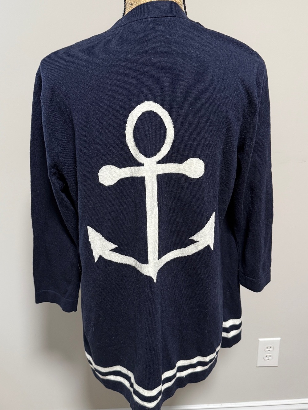 Talbots Size S Navy Open-Front Cardigan with Anchor and Striped Hem